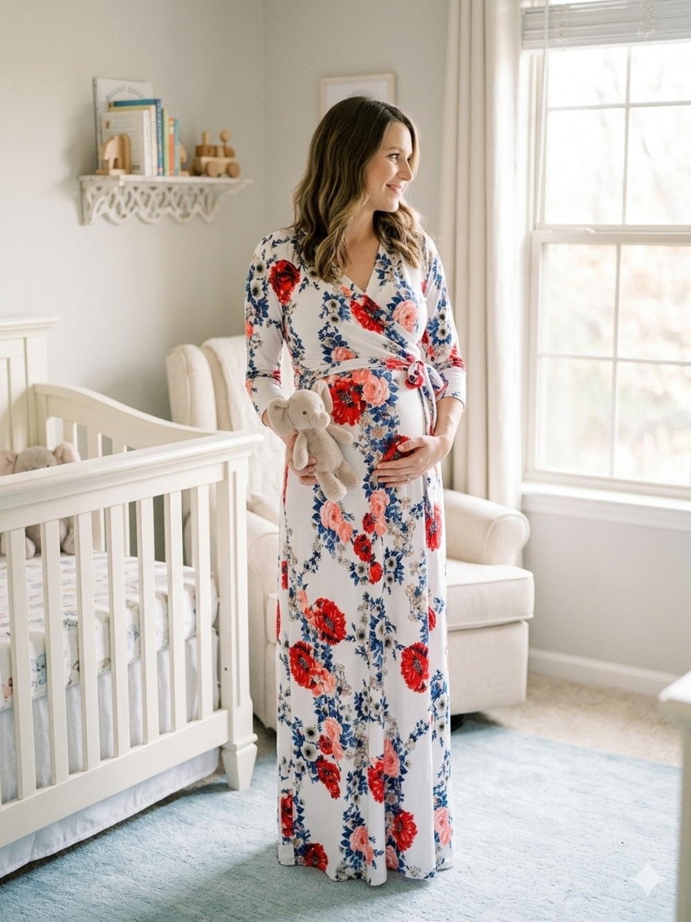 Pinkblush Wrap Maternity Maxi Dress, White Red Coral Blue Floral Belt Tie Waist